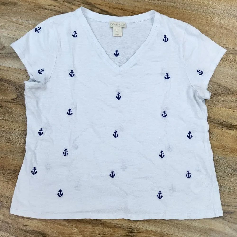 ☔️🔺️Cynthia Rowley White w/Blue Embroidered Anchors Short Sleeve Top XLarge